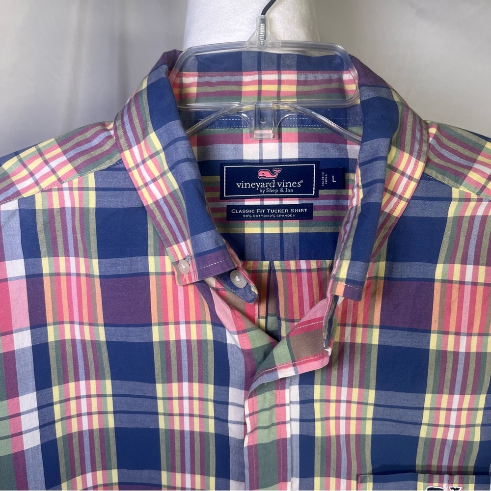 Vineyard Vines Men’s Classic Fit Tucker Button Down Shirt Pink, Blue Plaid Large